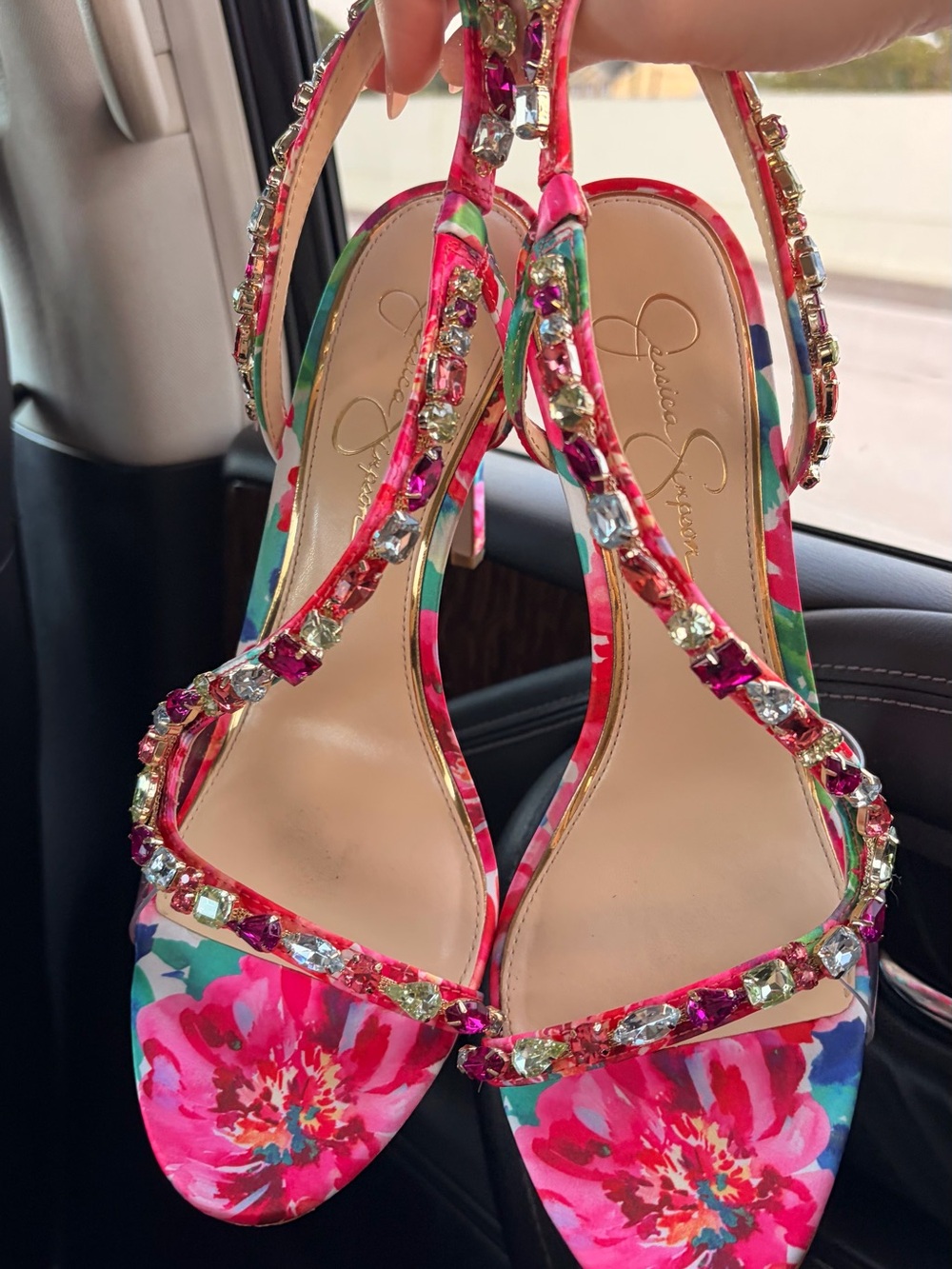Jessica Simpson Bright Pink Floral Jeweled Slingback Heels
